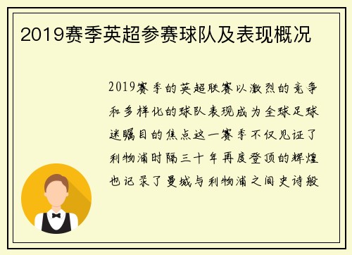 2019赛季英超参赛球队及表现概况